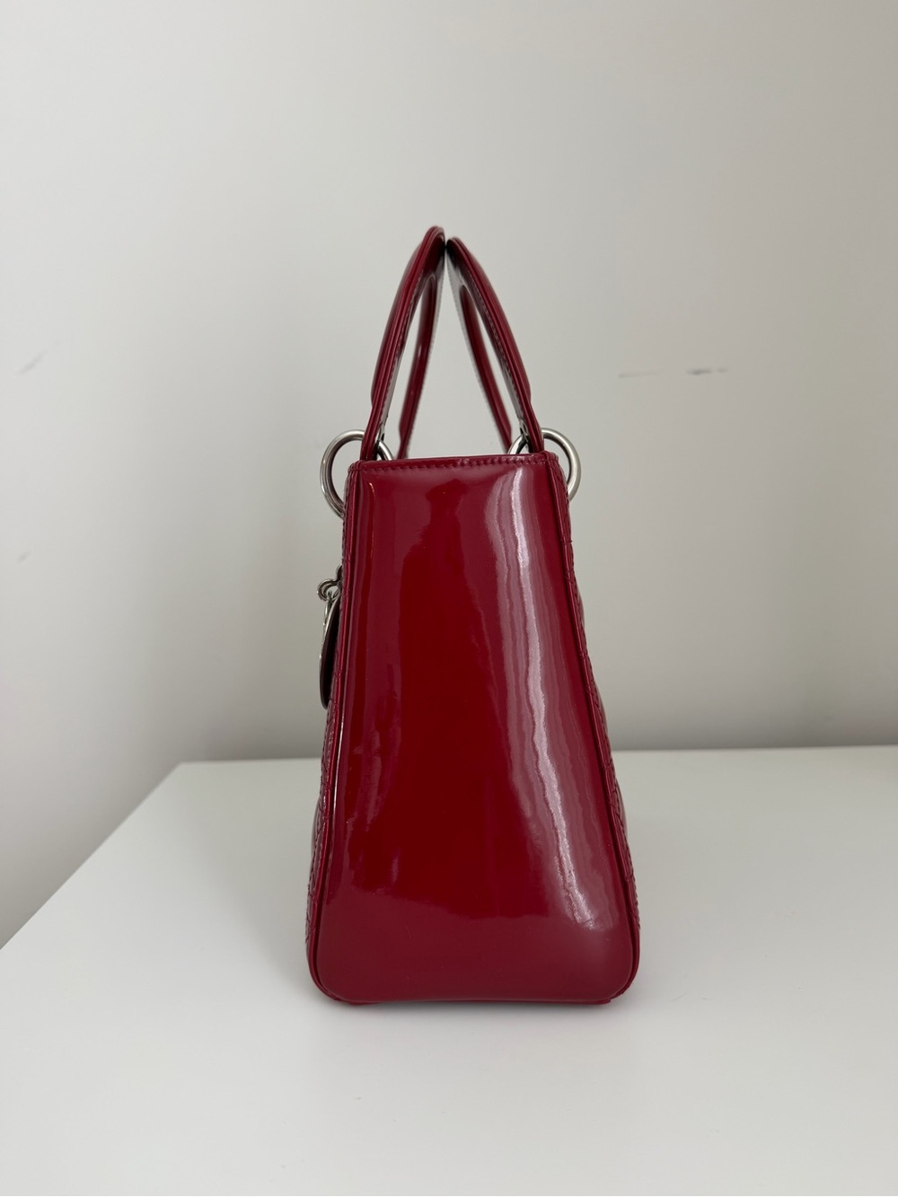 Lady Dior Red Patent Top-Handle Satchel with Silver Charm - Picture 3 of 8